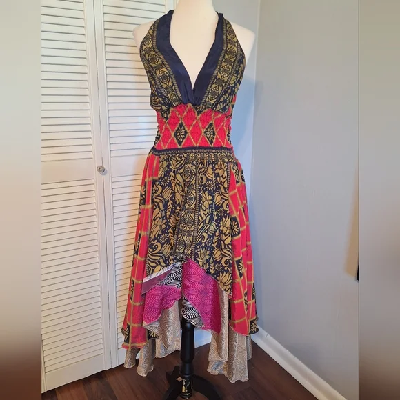 Wevez India Layered Silk Boho Halter Dress Free Size *C6 - Picture 2 of 7